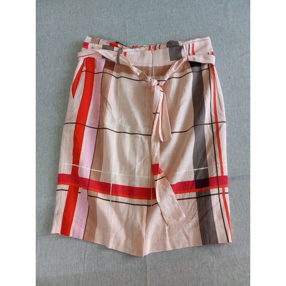 NWT Ann Taylor Loft 10P Skirt Midi Waist Tie Plaid Pink Red Linen Blend Lined